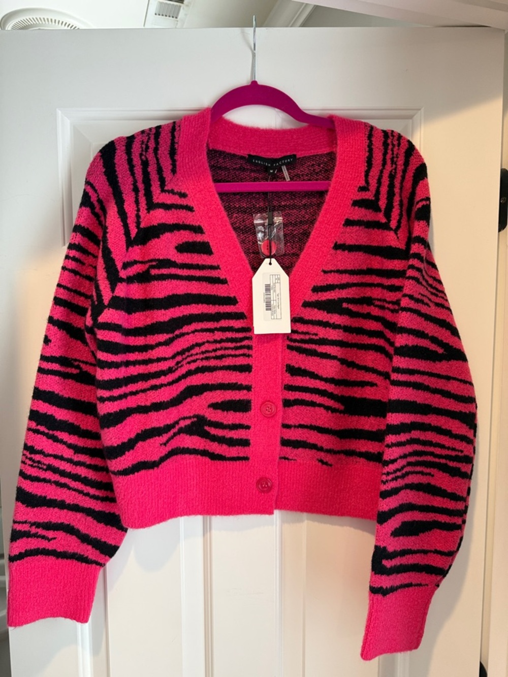 English Factory Hot Pink and Black Zebra-Print V-Neck Cardigan
